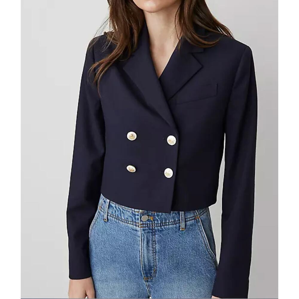 NWOT Ann Taylor Petite Navy Cropped Double-Breasted Blazer 14P